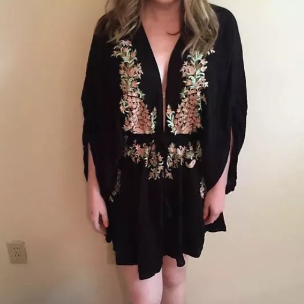 SOLD OUT Black Boho Embroidered Deep V Neck Mini Dress - Picture 3 of 3
